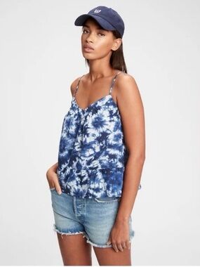 GAP Blue Tie-Dye Spaghetti Strap Camisole cotton swing peplum cami top Size L